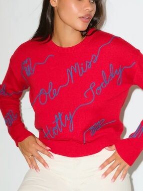 Kadyluxe Ole Miss Rebels Love Note Embroidered Sweater Red Merino Wool Blend